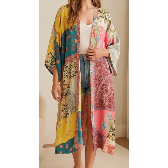 Free People Patchwork Love Robe Kimono Duster Western Boho Coverup Festival M/L - Picture 4 of 16